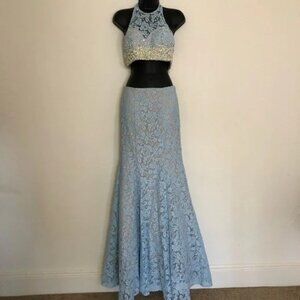 La Femme Powder Blue Two Piece Mermaid Skirt & Halter Gown - Size 4 - NWT